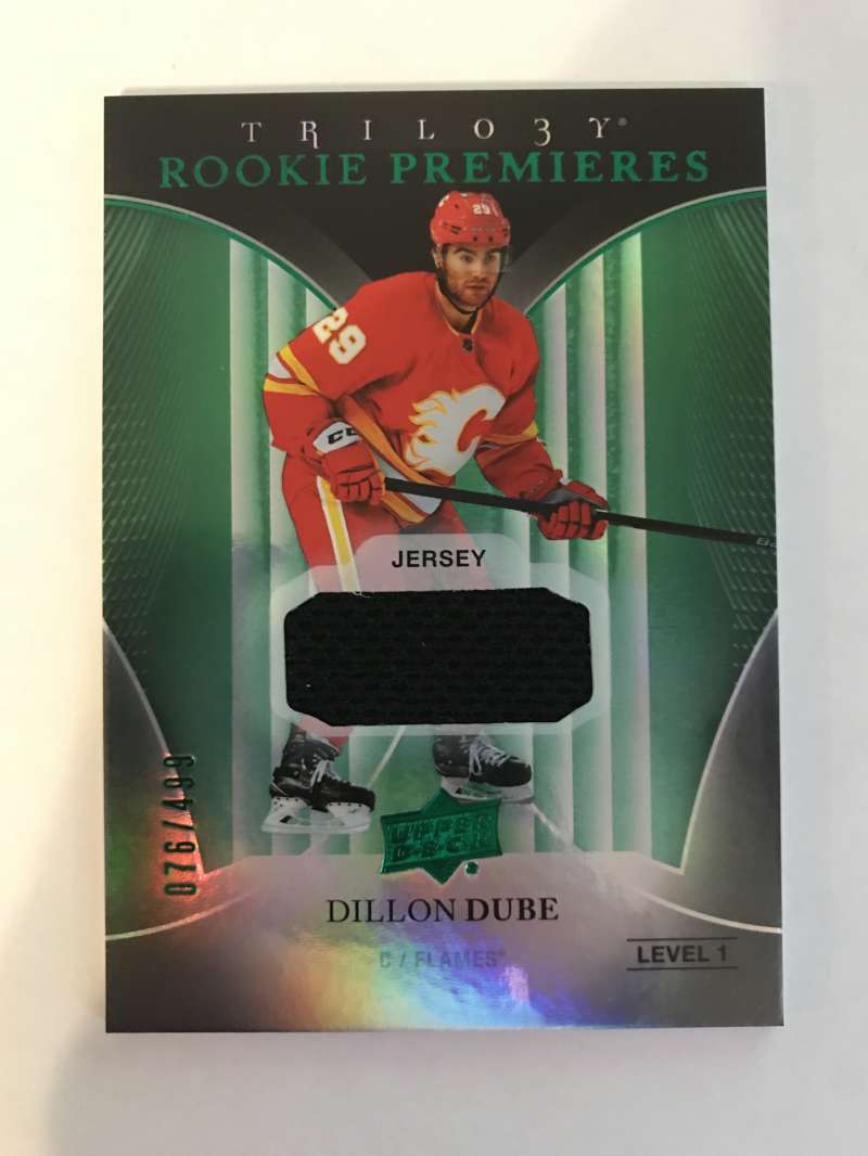 2018-19 Upper Deck Trilogy Green Foil Jerseys Hockey #54 Dillon Dube Jersey/Relic SER/499 Calgary Flames  Official Trading Card From UD