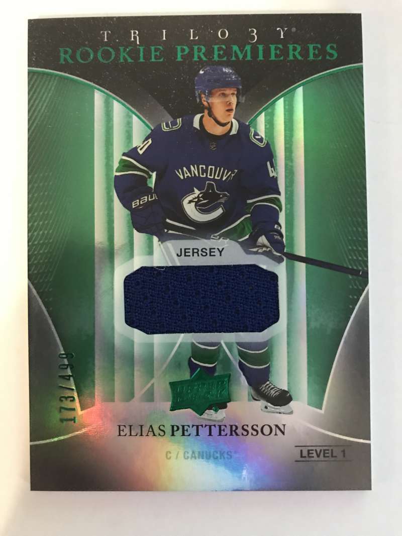 2018-19 Upper Deck Trilogy Green Foil Jerseys Hockey #80 Elias Pettersson Jersey/Relic SER/499 Vancouver Canucks  Official Trading Card From UD